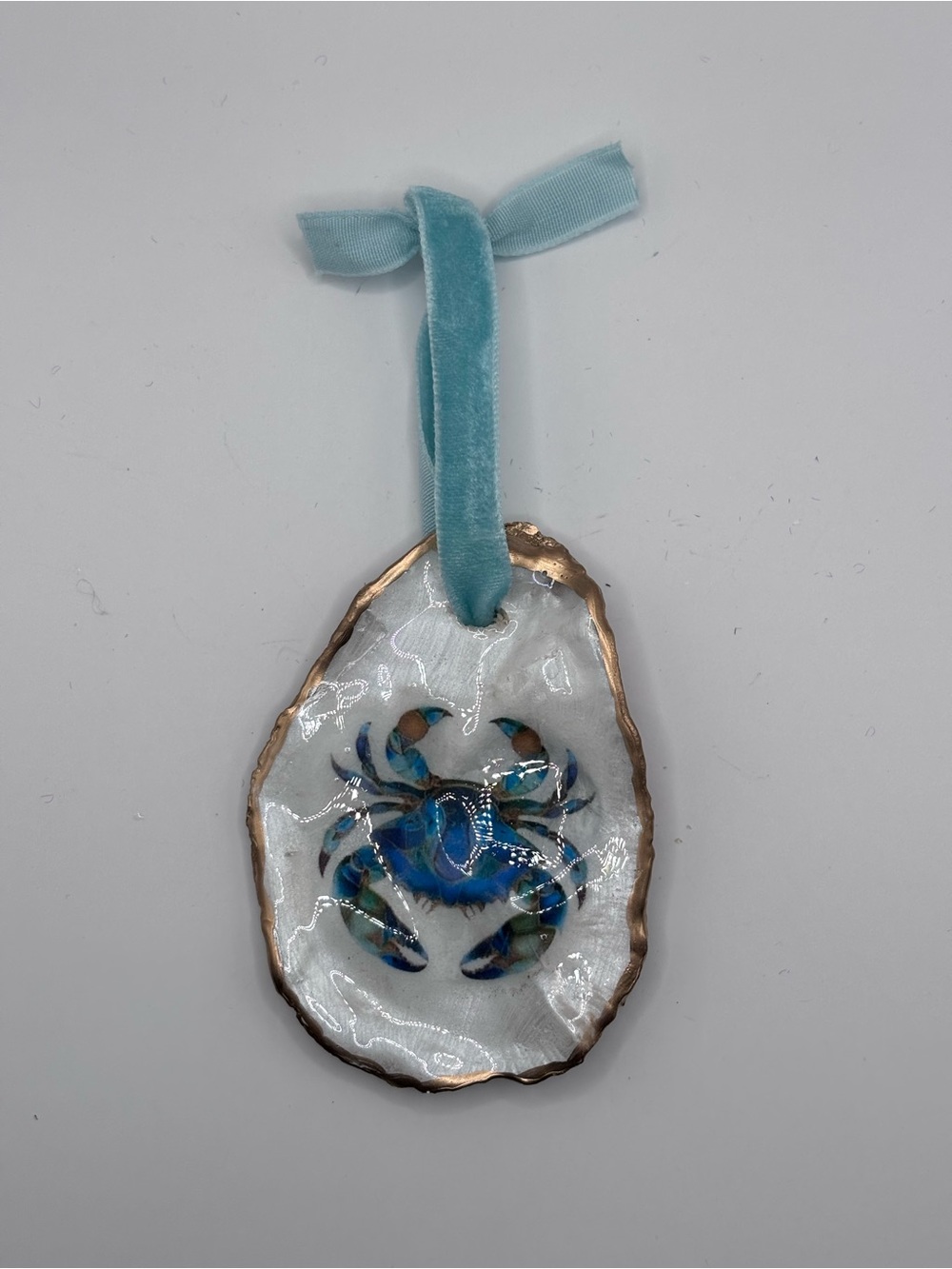 Coastal Blue Crab Oyster Shell Ornament with Velvet Ribbon - Picture 2 of 4